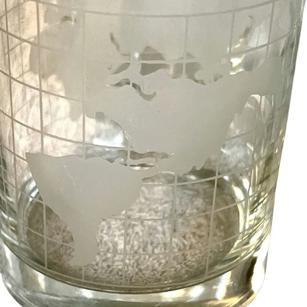 Set of 4 Vintage Nescafe Etched Glass World Map Globe Double Glass Tumblers